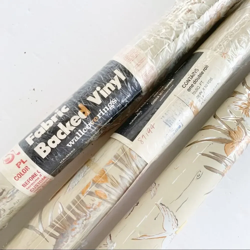 Vintage Beige Gold Crane Fabric Backed Vinyl Wallcovering SEALED x1